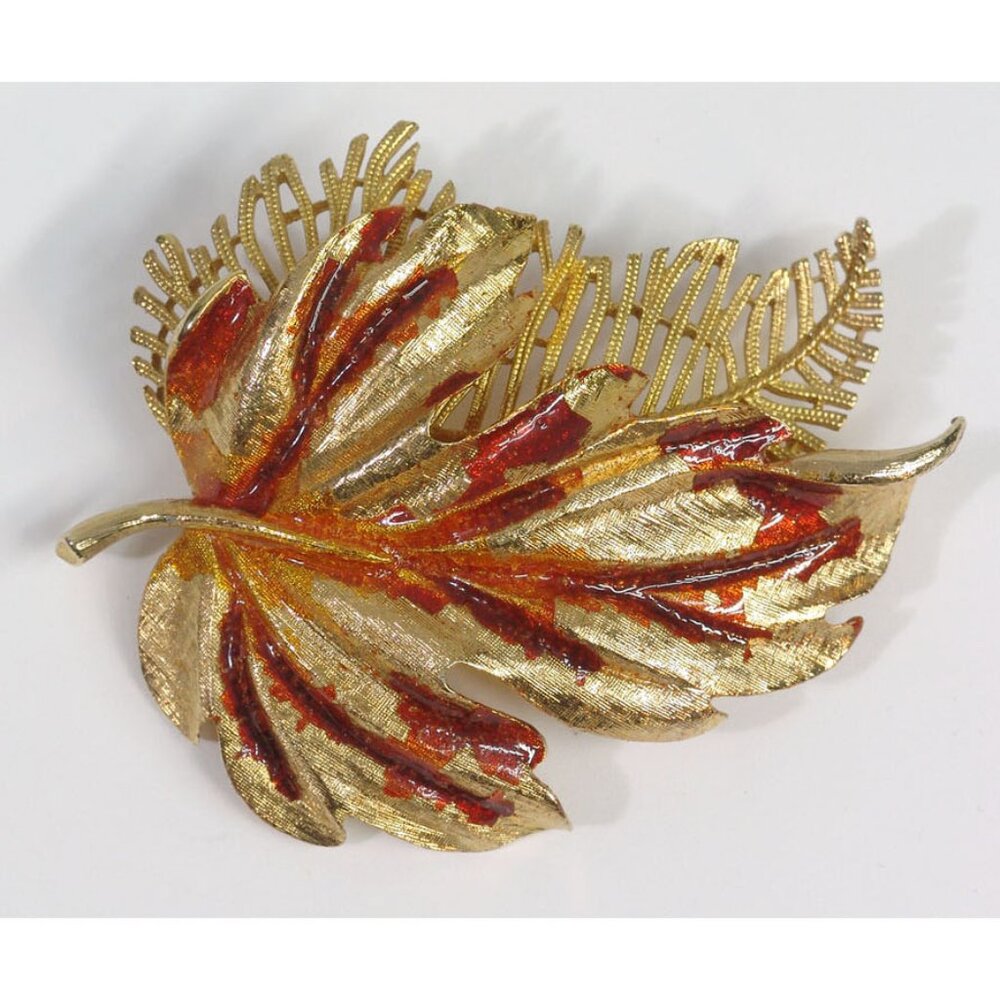 Vintage LISNER Brooch Pin - Big 2 1/2" Autumn Leaf - Enamel on Metal